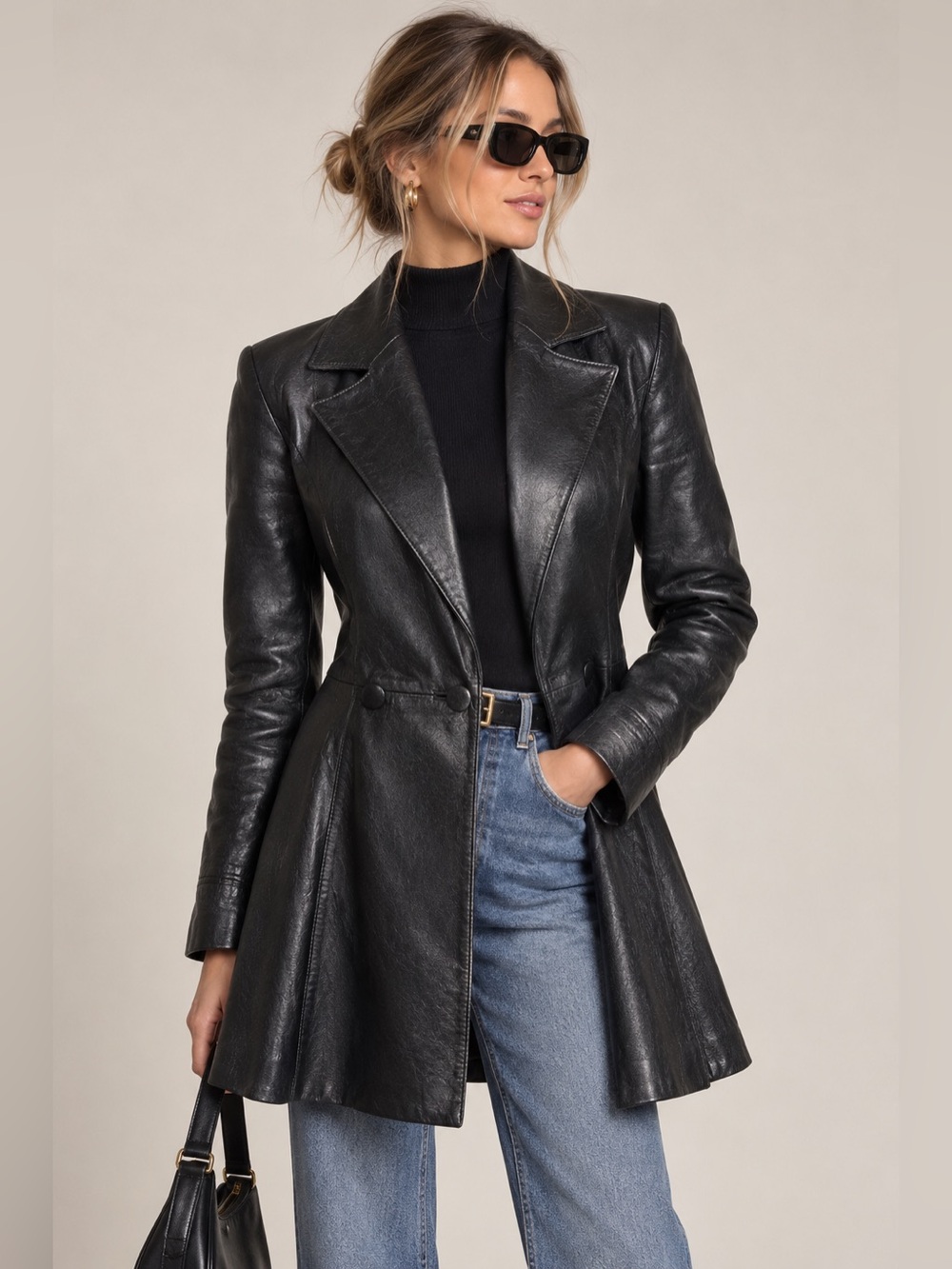Vintage The Leather Warehouse Black Leather Fit & Flare Jacket size 6